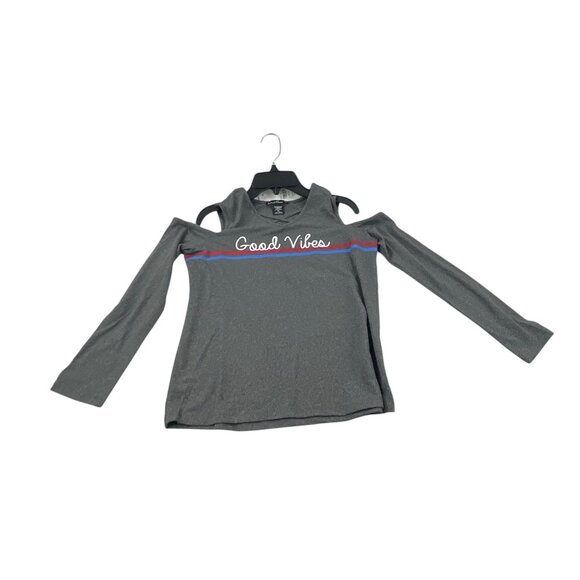 Love Alexa NWT Girls Good Vibes Cold Shoulder Top Gray Long Sleeve L Stretch - Picture 1 of 7